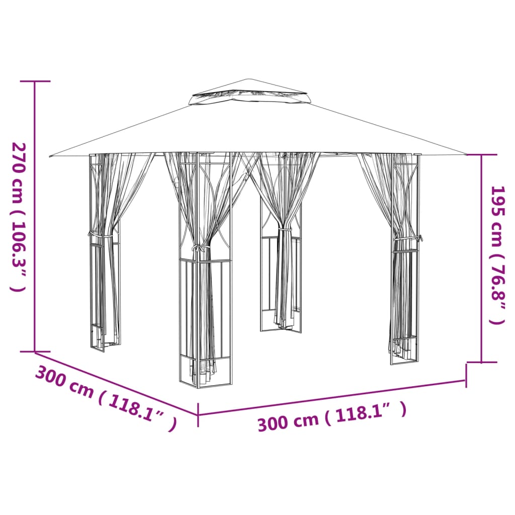 Paviljong med sidevegger antrasitt 300x300x270 cm stål