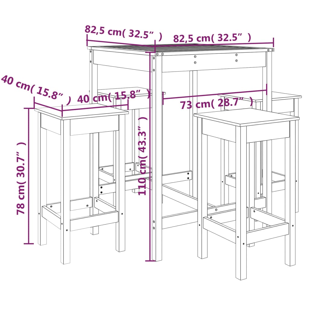 Hagebarsett 5 deler svart heltre furu