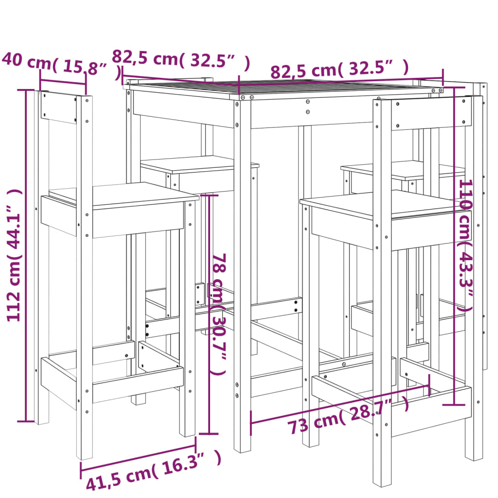 Hagebarsett 5 deler svart heltre furu