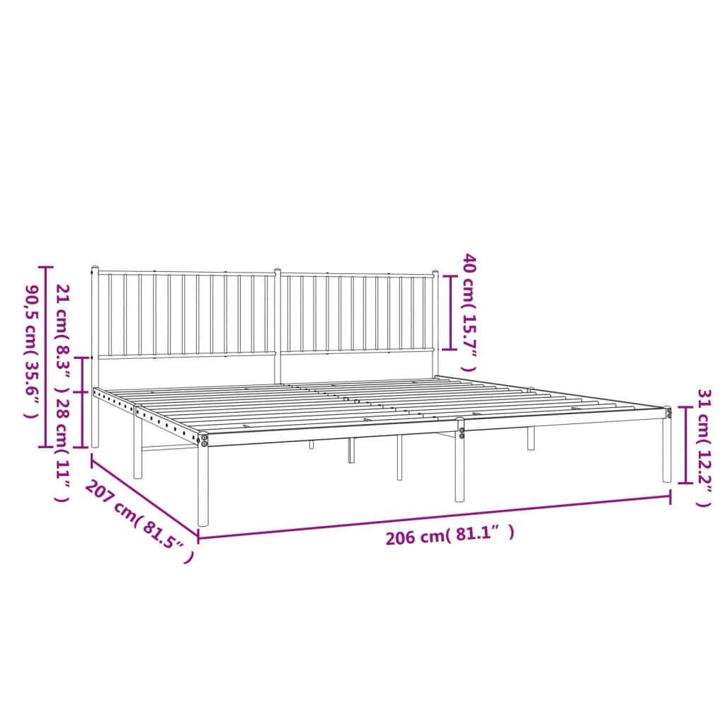 Sengeramme i metall med sengegavl hvit 200x200 cm