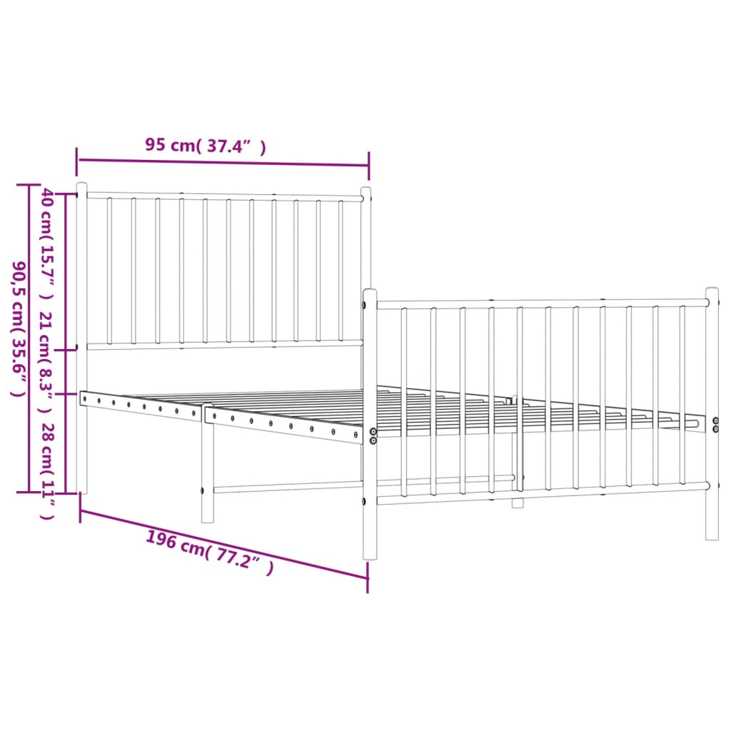 Sengeramme i metall med hode- og fotgavl hvit 90x190 cm