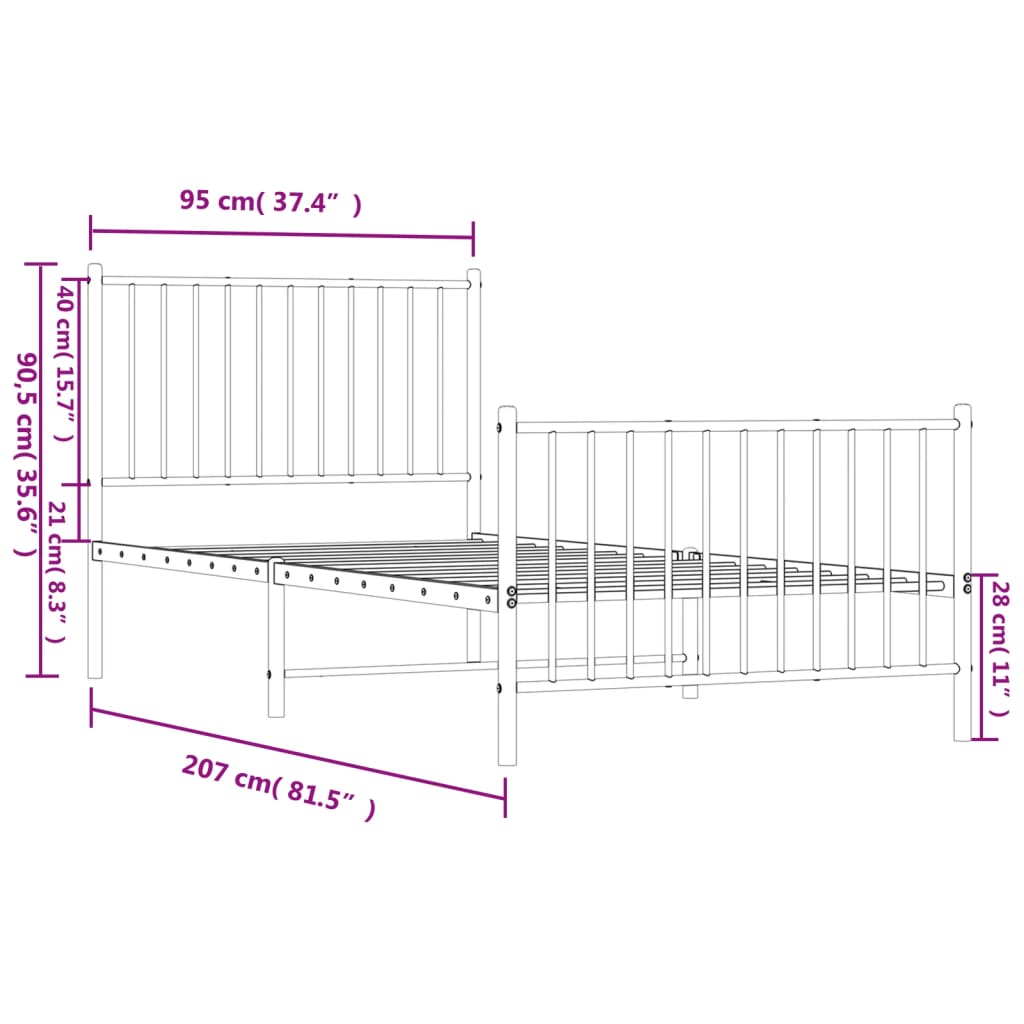 Sengeramme i metall med hode- og fotgavl hvit 90x200 cm