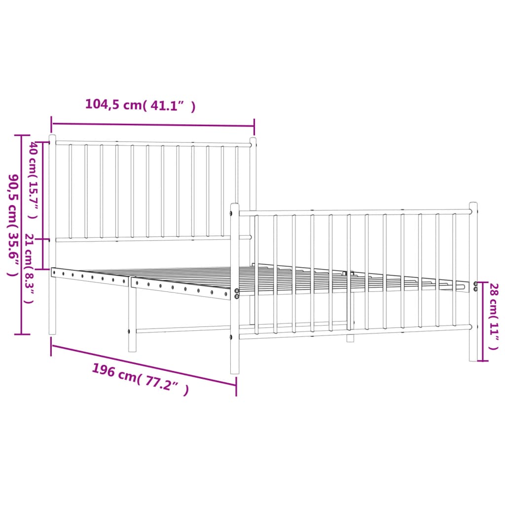 Sengeramme i metall med hode- og fotgavl hvit 100x190 cm