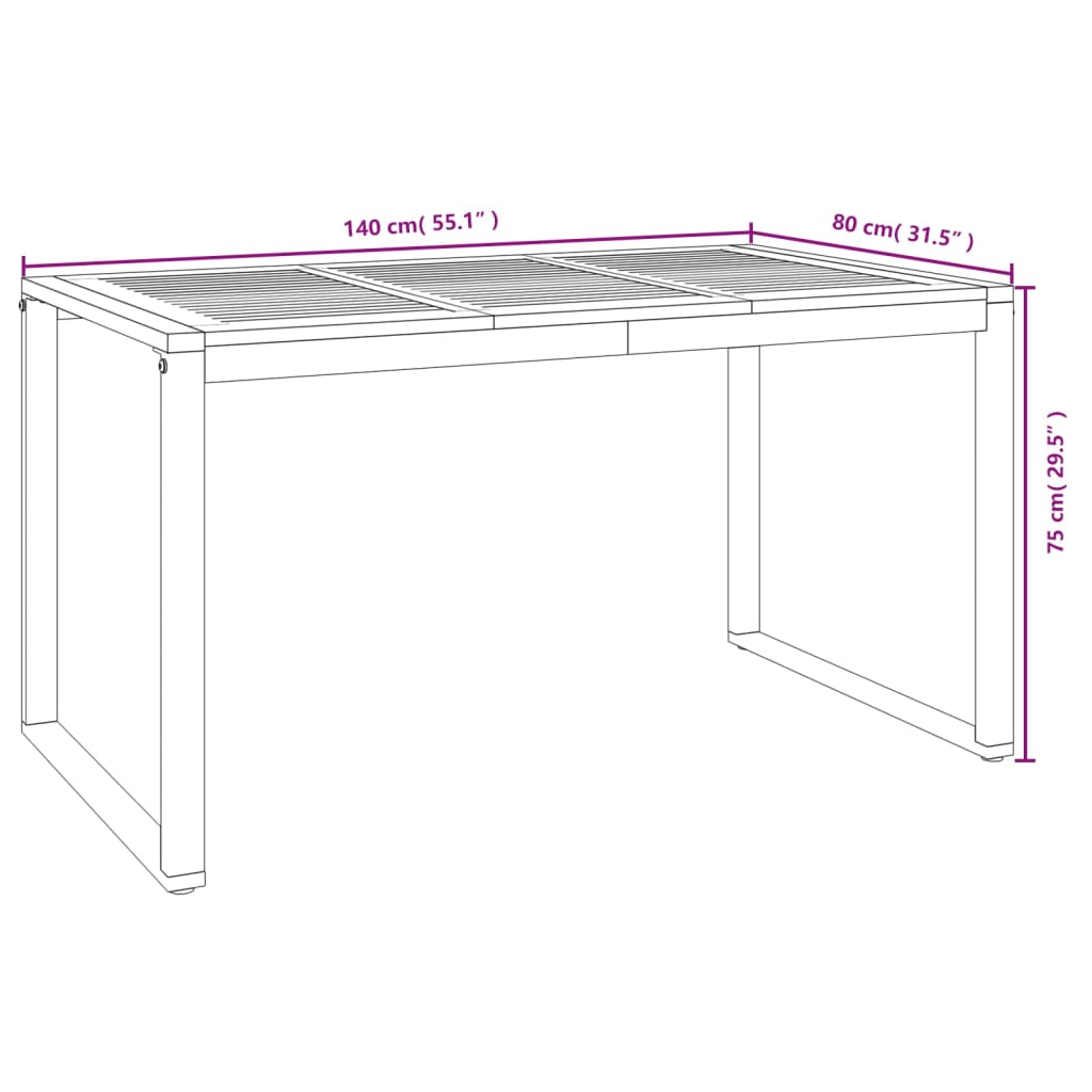 Hagebord med U-ben 140x80x75 cm heltre akasie