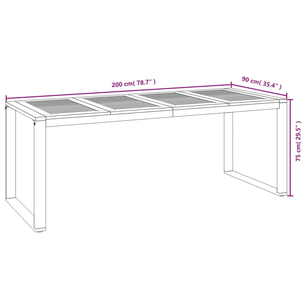 Hagebord med U-ben 200x90x75 cm heltre akasie