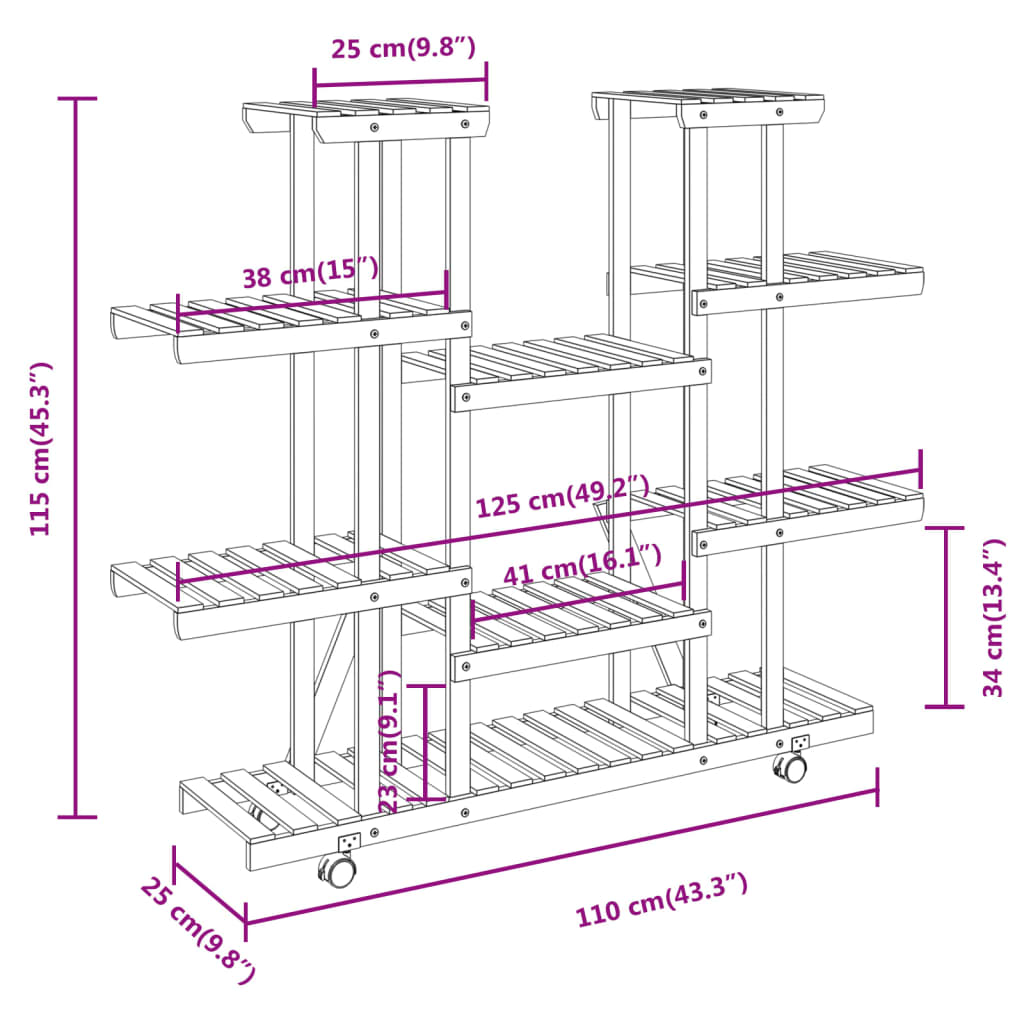 Blomsterstativ med hjul 110x25x115 cm heltre gran