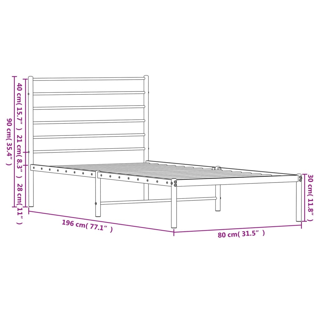 Sengeramme i metall med hodegavl hvit 75x190 cm