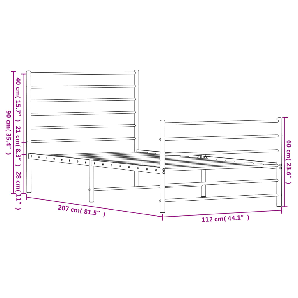 Sengeramme i metall med hode- og fotgavl hvit 107x203 cm