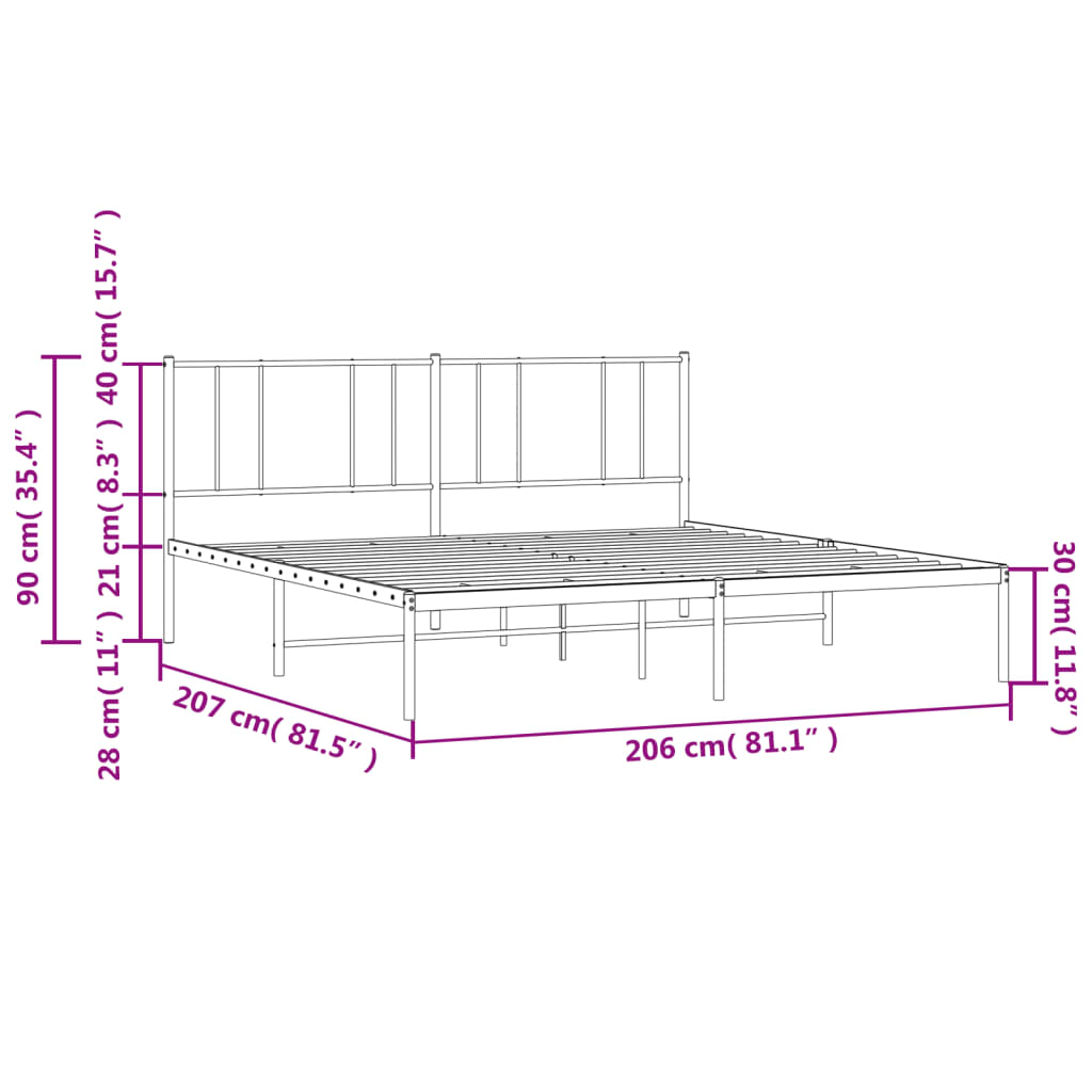Sengeramme i metall med sengegavl svart 200x200 cm