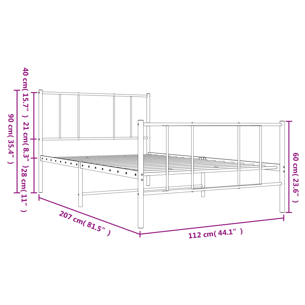 Sengeramme i metall med hode- og fotgavl hvit 107x203 cm