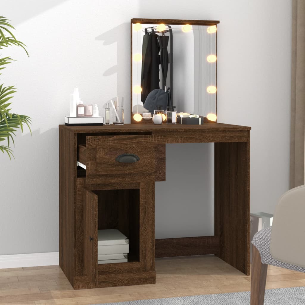 Sminkebord med LED brun eik 90x50x132,5 cm konstruert tre