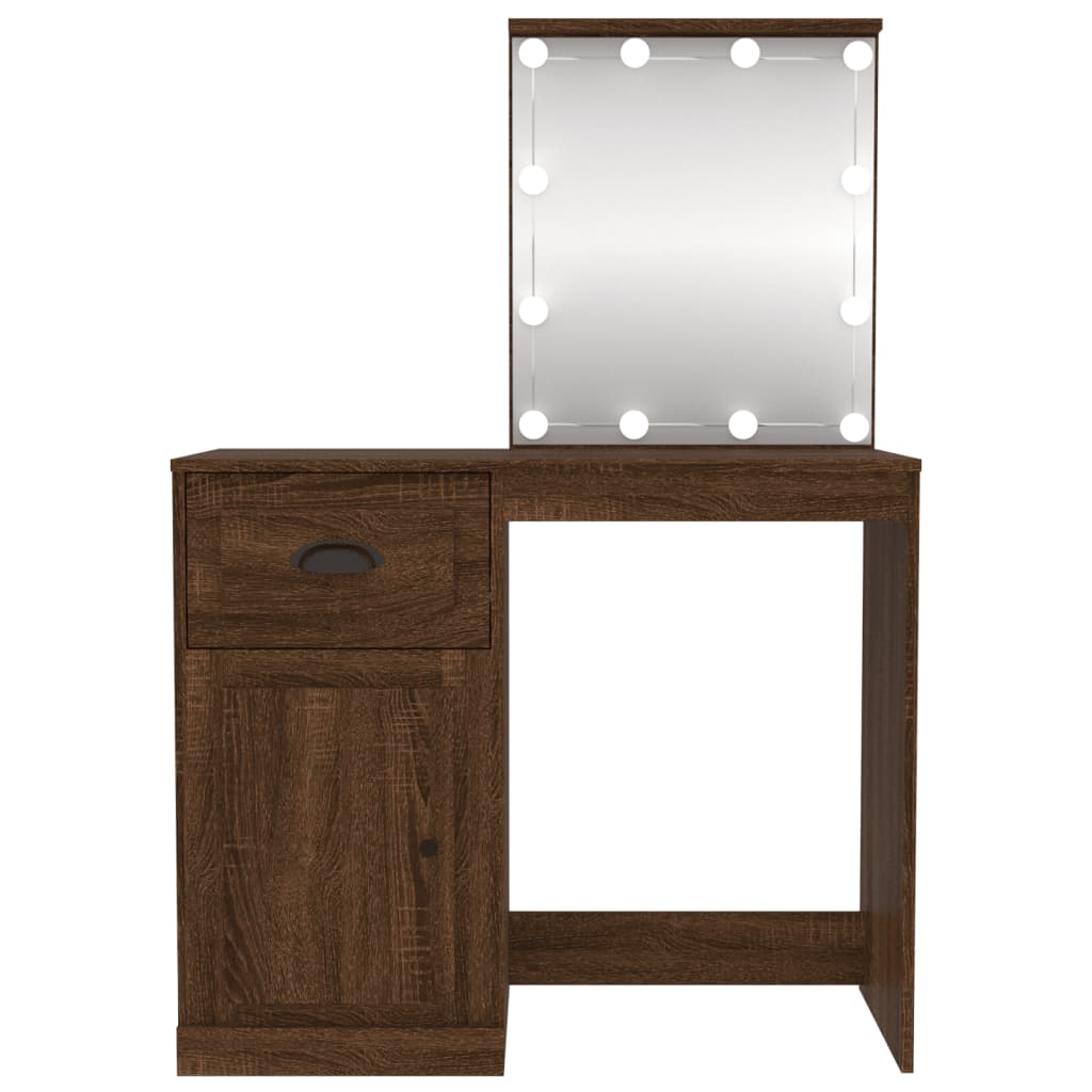 Sminkebord med LED brun eik 90x50x132,5 cm konstruert tre
