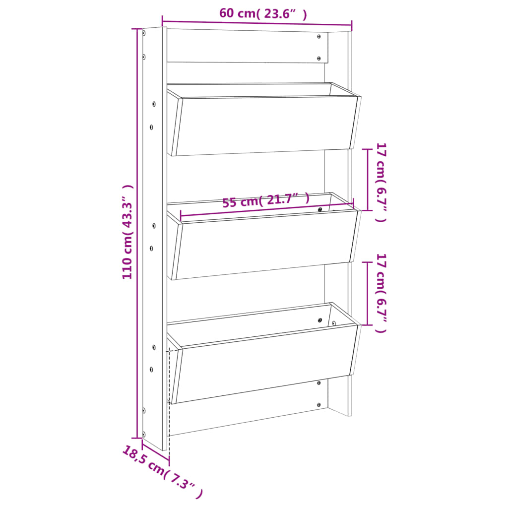 Vegghengt plantekasse 3 lag 60x18,5x110 cm svart heltre furu