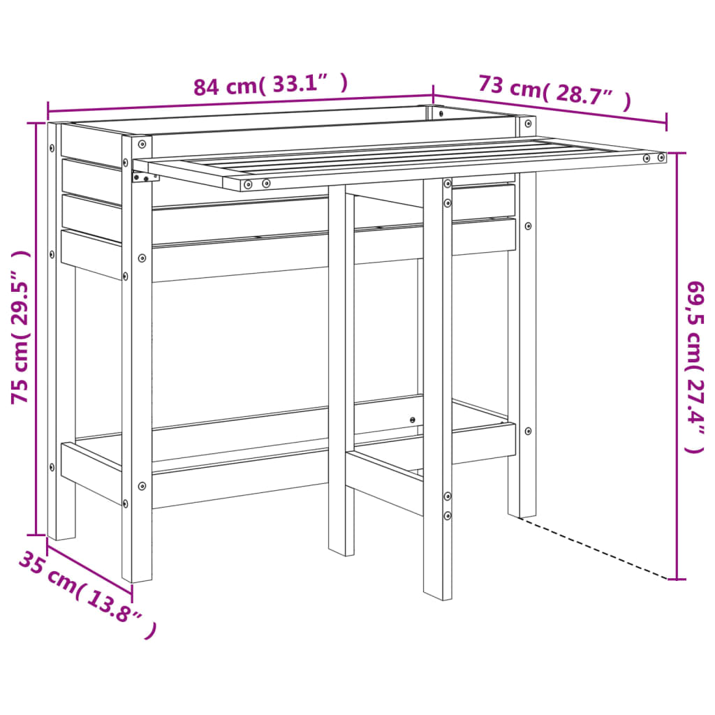 Plantekasse med foldbar bordplate svart heltre furu