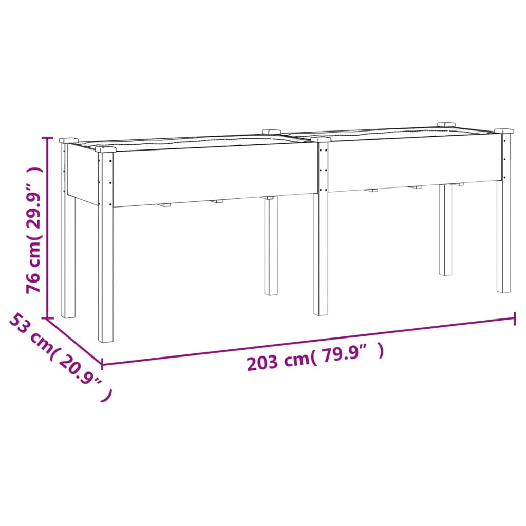 Plantekasse med foring 203x53x76 cm heltre gran