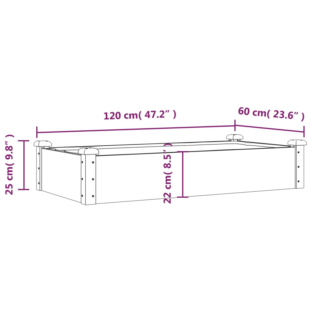 Høybed med foring 120x60x25 cm heltre gran