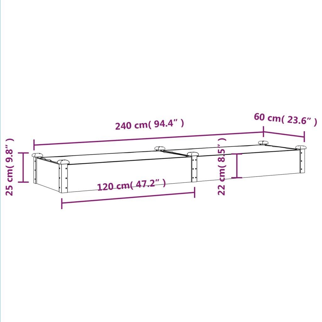 Høybed med foring brun 240x60x25 cm heltre gran