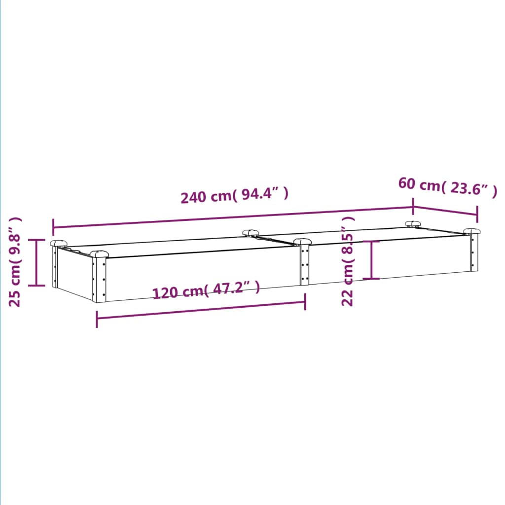 Høybed med foring grå 240x60x25 cm heltre gran