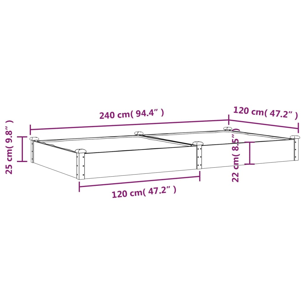 Høybed med foring 240x120x25 cm heltre gran