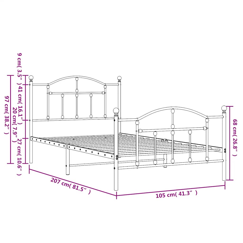 Sengeramme i metall med hode- og fotgavl hvit 100x200 cm