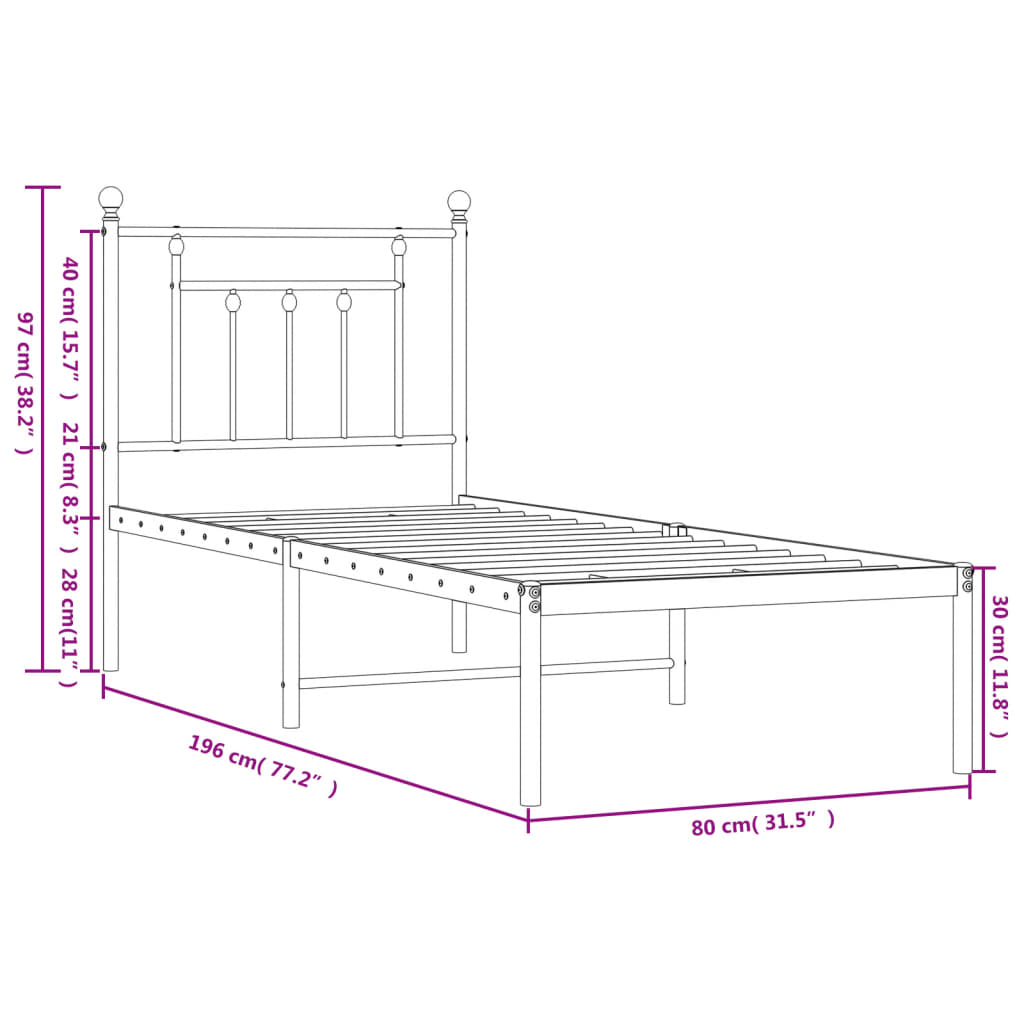 Sengeramme i metall uten madrass med hodegavl hvit 75x190 cm