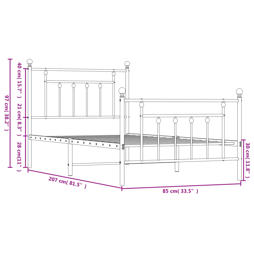 Sengeramme i metall med hode- og fotgavl hvit 80x200 cm