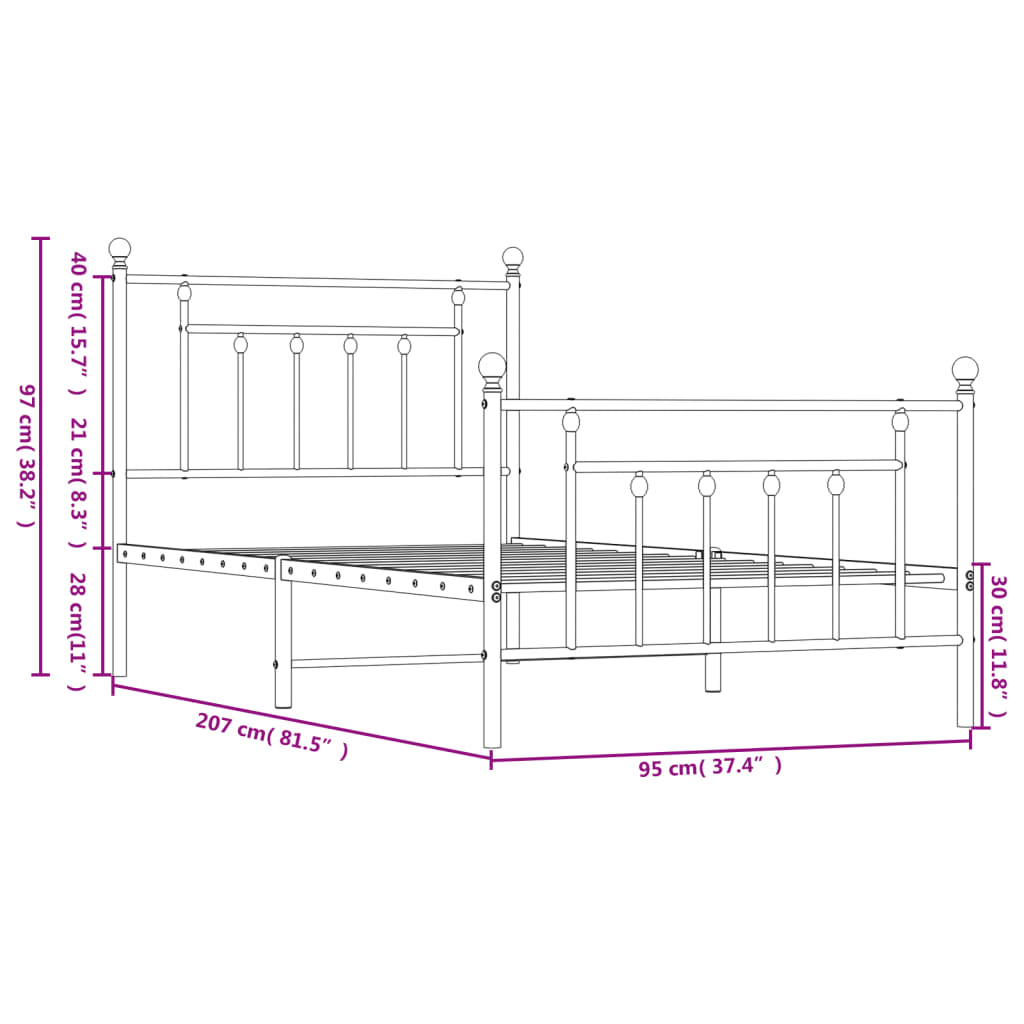 Sengeramme i metall med hode- og fotgavl hvit 90x200 cm