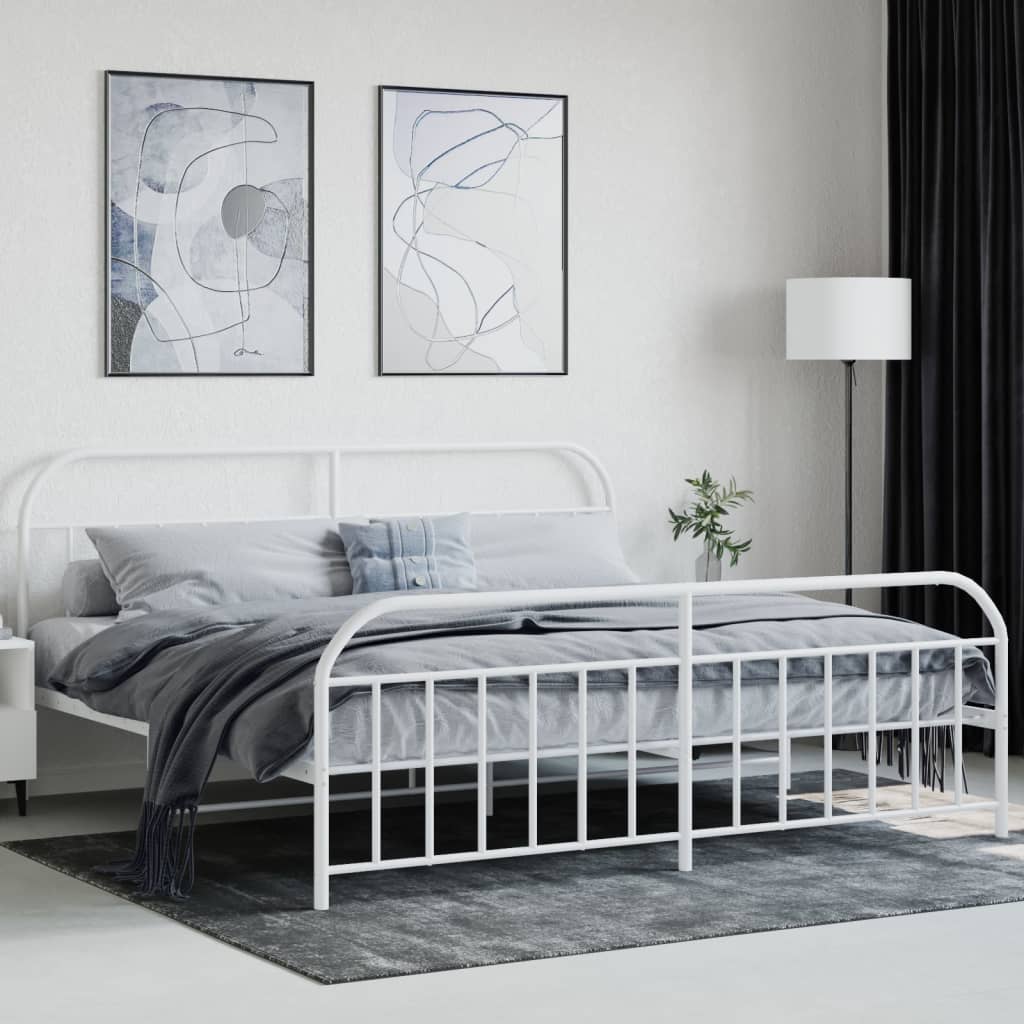 Sengeramme i metall med hode- og fotgavl hvit 200x200 cm
