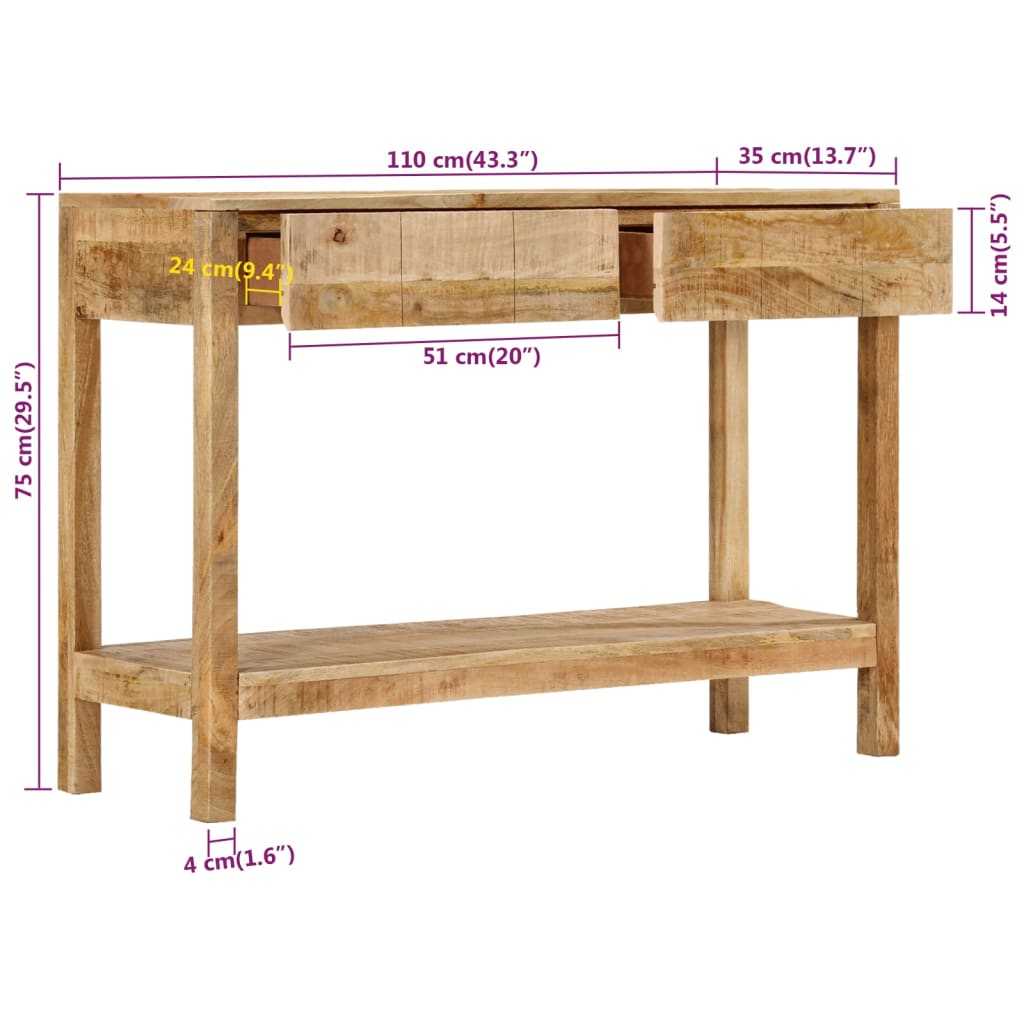 Konsollbord med 2 skuffer 110x35x75 cm heltre mango