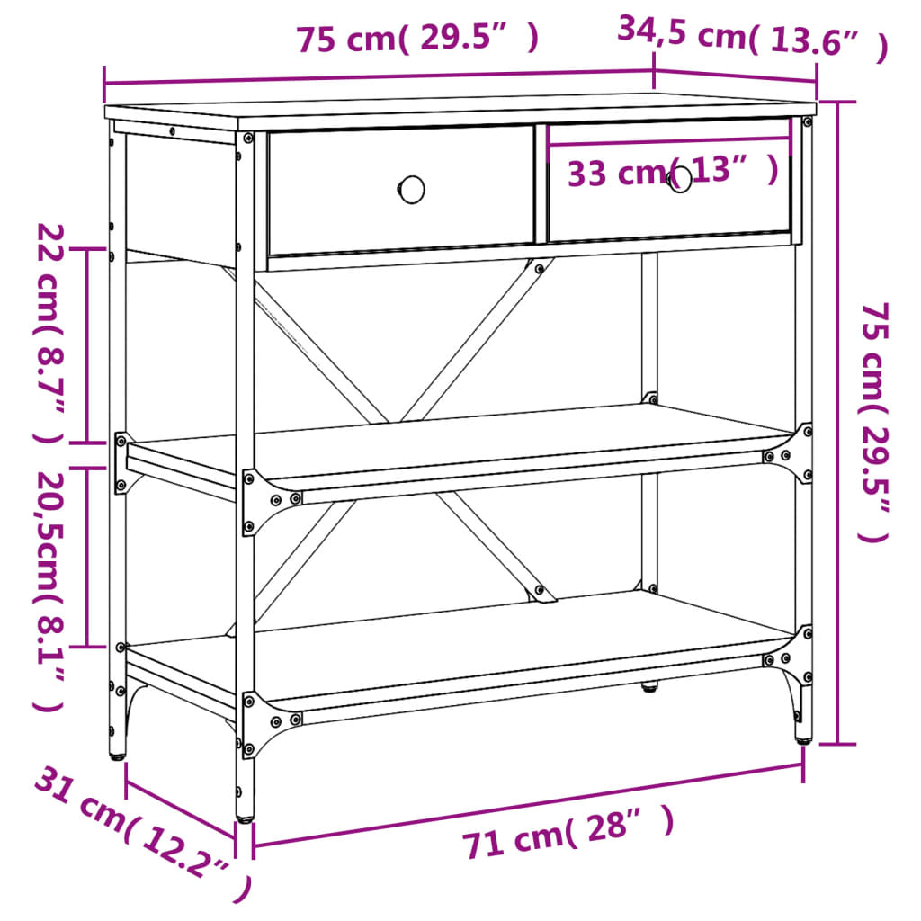 Konsollbord sonoma eik 75x34,5x75 cm konstruert tre