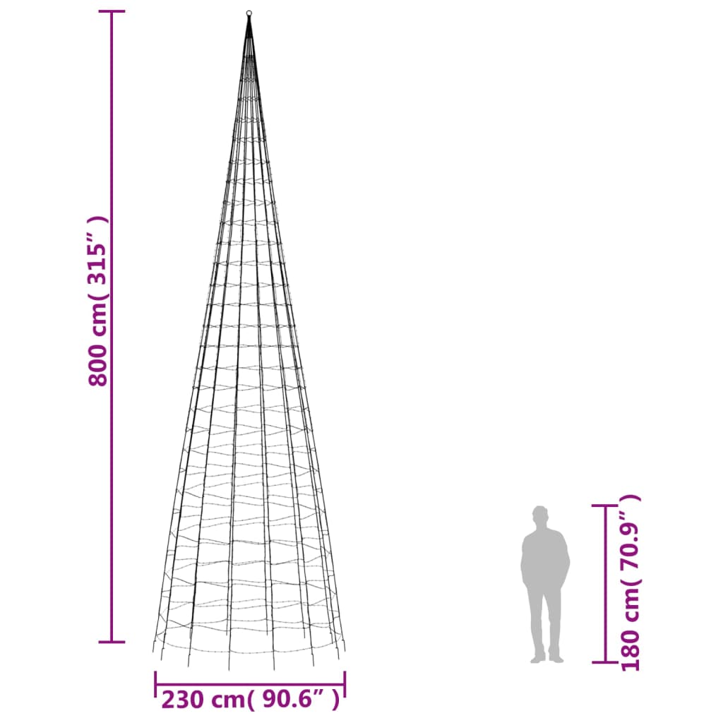 LED Juletre på Flaggstang 3000 LEDs Kald Hvit 800 cm