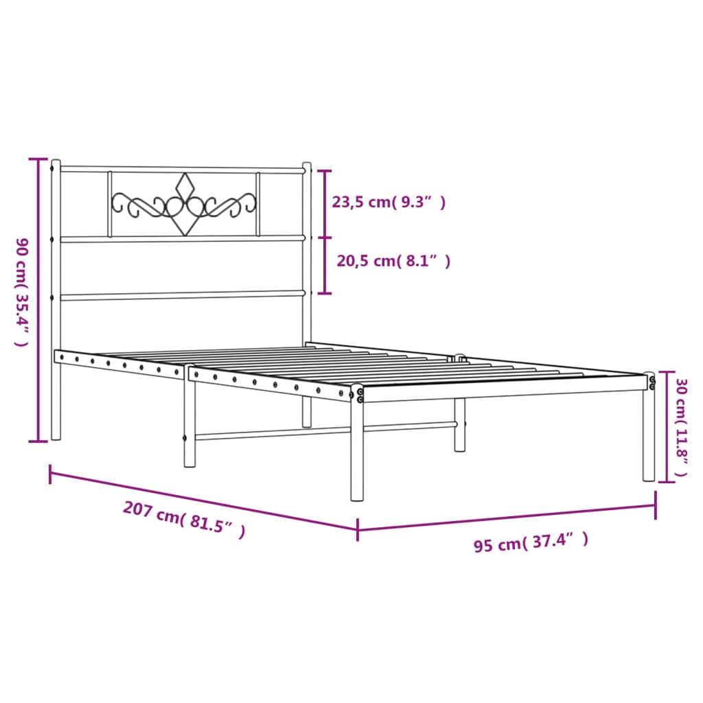 Sengeramme i metall med hodegavl hvit 90x200 cm