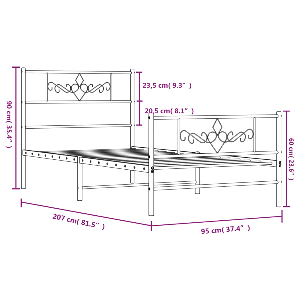 Sengeramme i metall med hode- og fotgavl hvit 90x200 cm