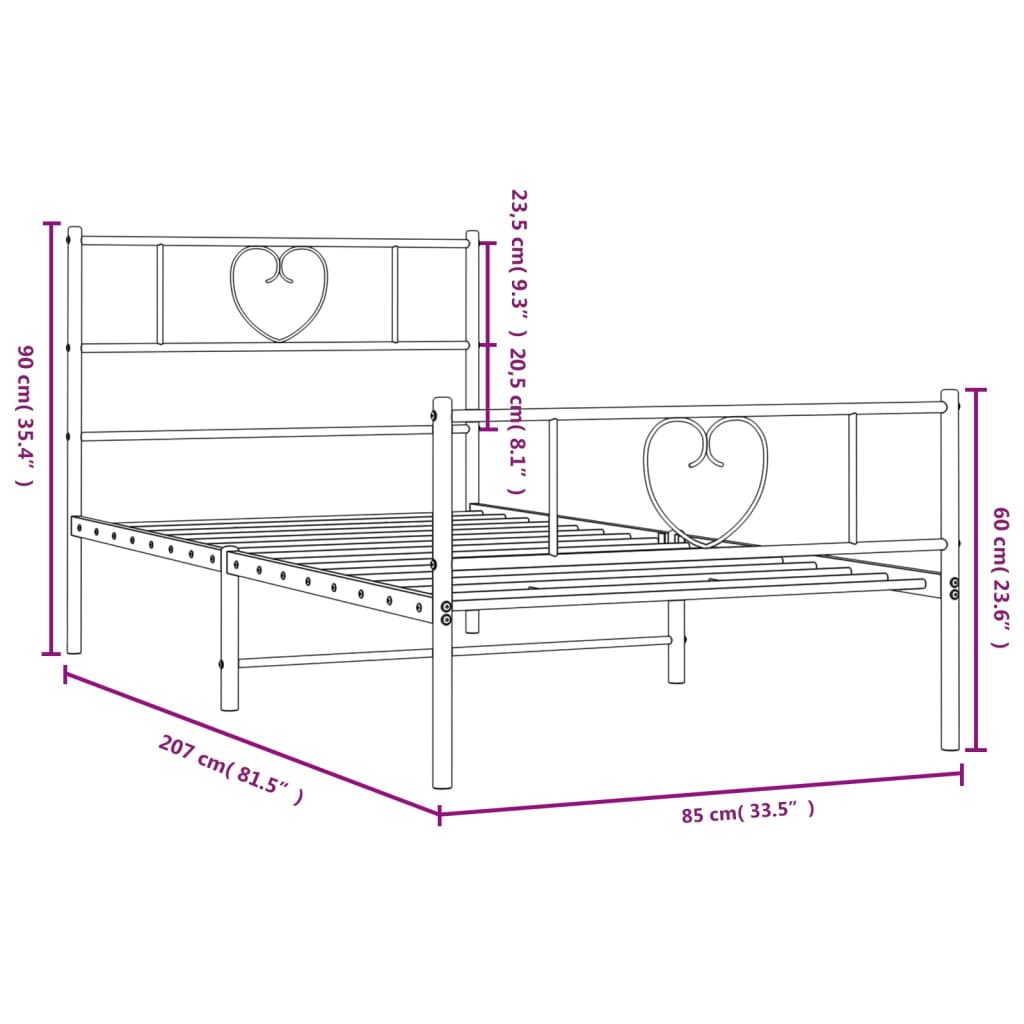 Sengeramme i metall med hode- og fotgavl hvit 80x200 cm