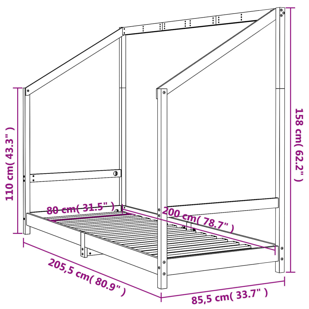 Barnesengeramme hvit 80x200 cm heltre furu