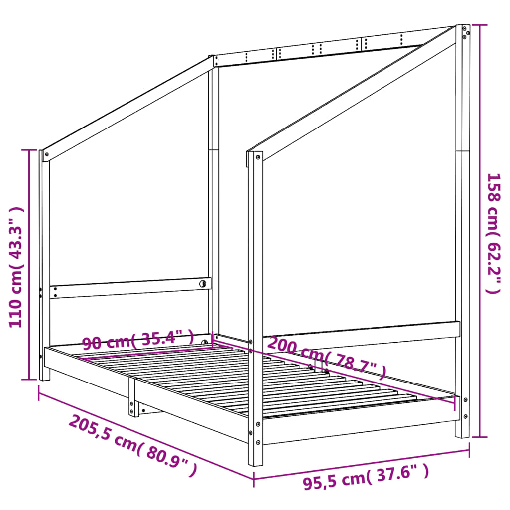 Barnesengeramme hvit 90x200 cm heltre furu