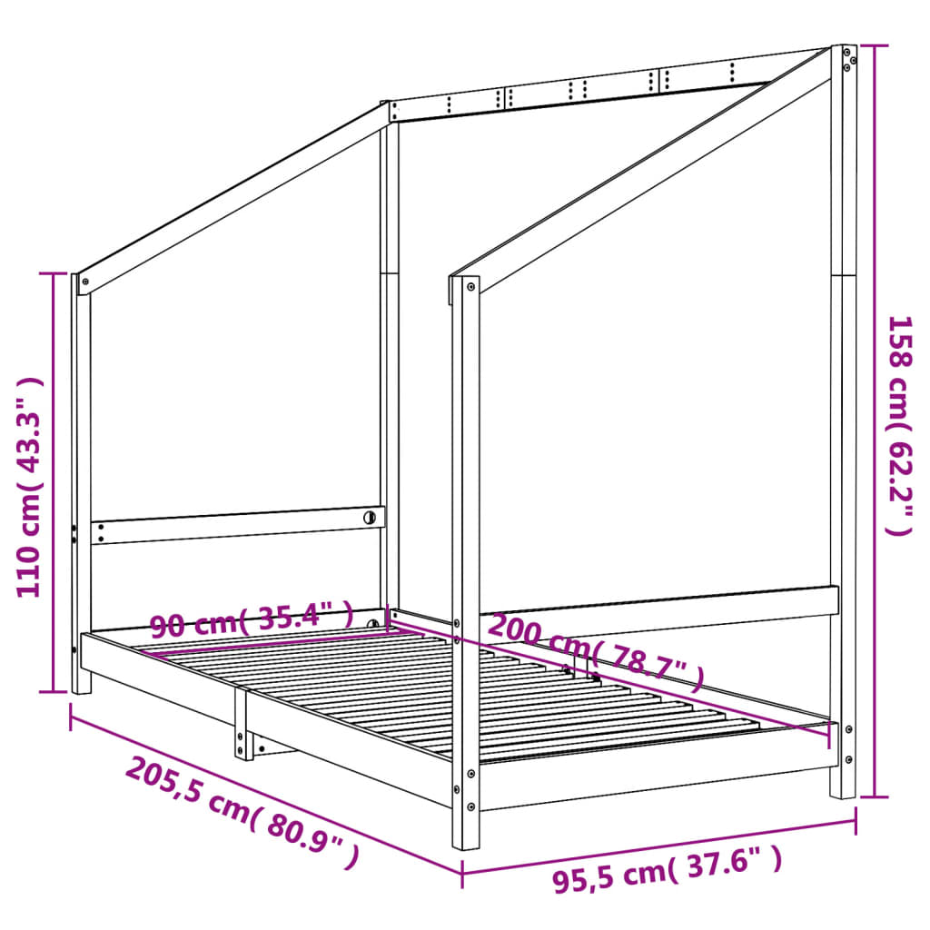Barnesengeramme svart 90x200 cm heltre furu