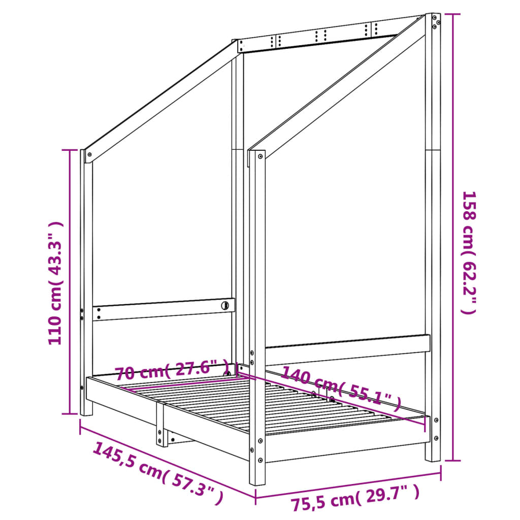 Barnesengeramme hvit 70x140 cm heltre furu