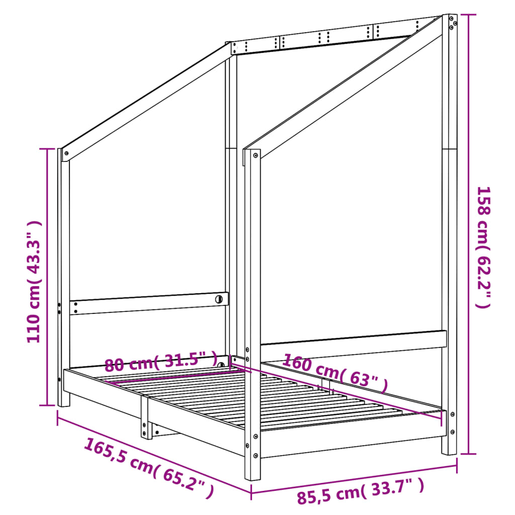 Barnesengeramme hvit 80x160 cm heltre furu
