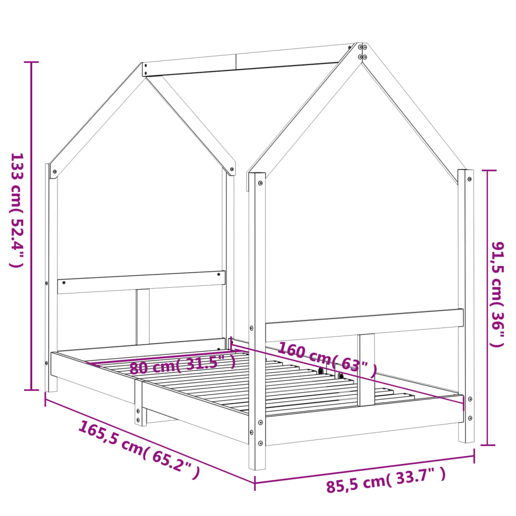 Barnesengeramme hvit 80x160 cm heltre furu
