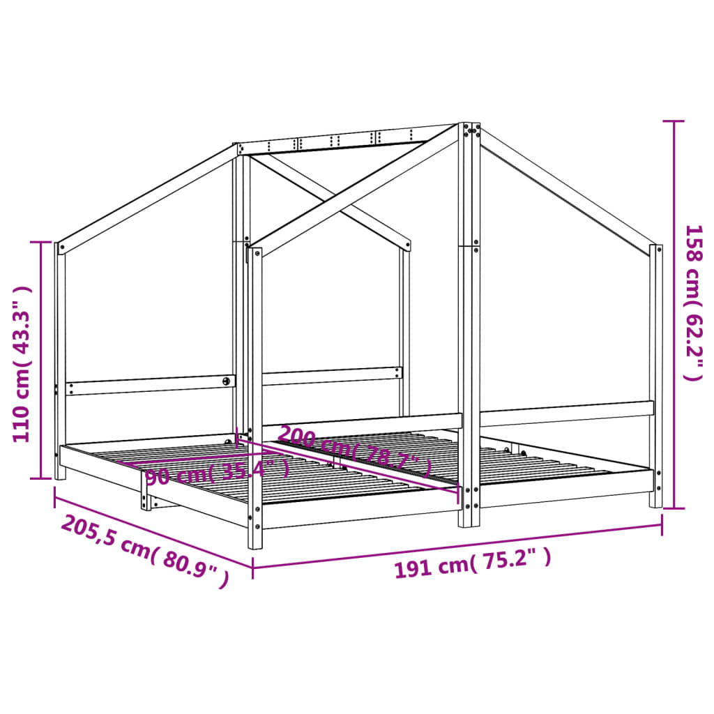 Barnesengeramme svart 2x(90x200) cm heltre furu