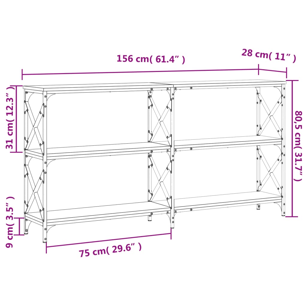 Konsollbord brun eik 156x28x80,5 cm konstruert tre