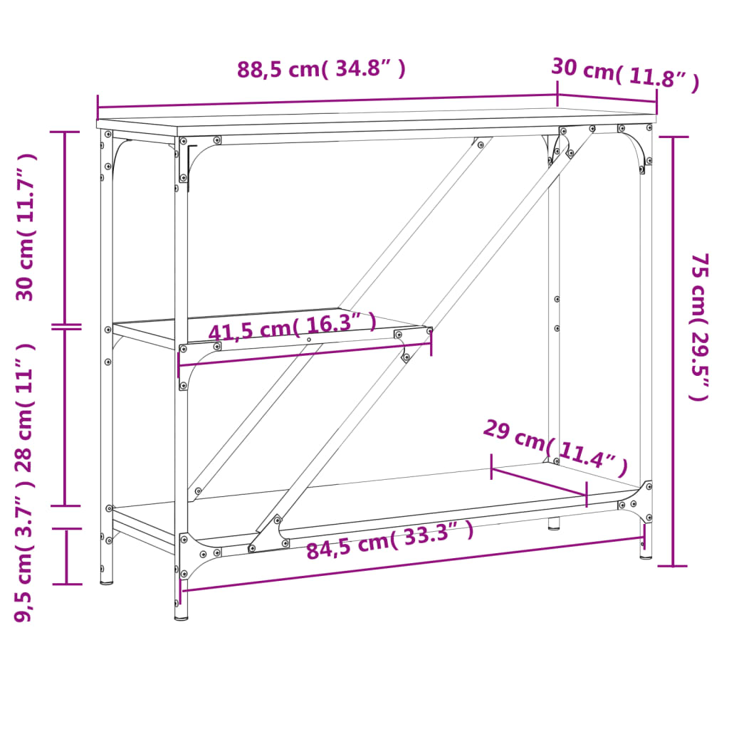 Konsollbord brun eik 88,5x30x75 cm konstruert tre
