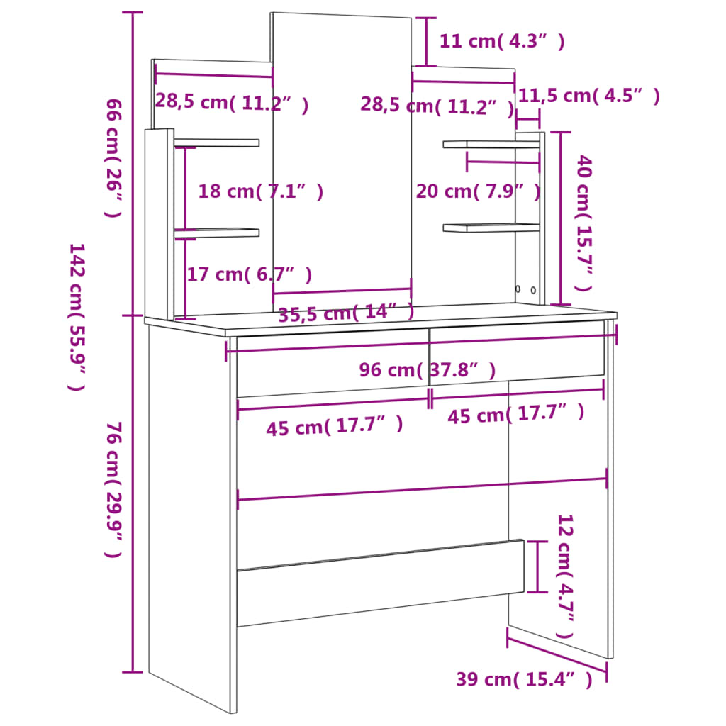 Sminkebord med speil hvit 96x39x142 cm