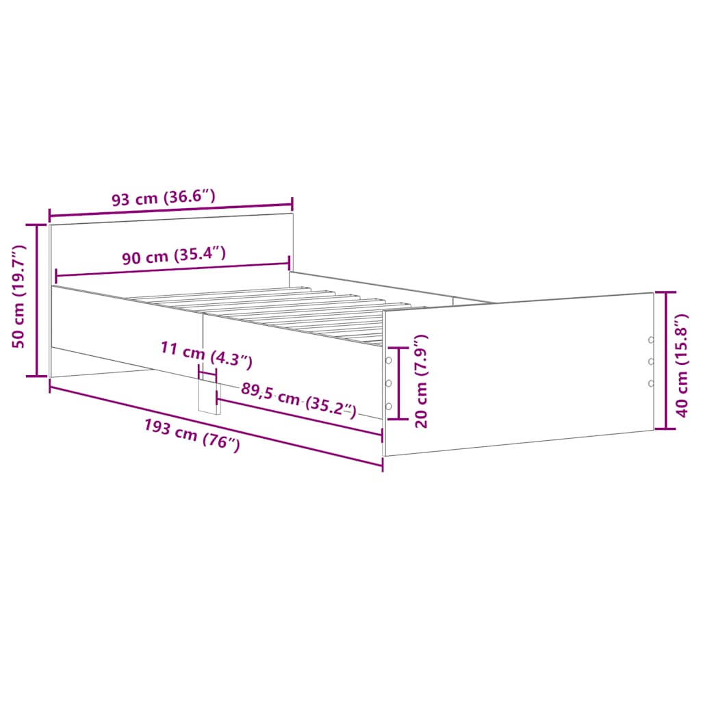 Sengeramme hvit 90x190 cm konstruert tre