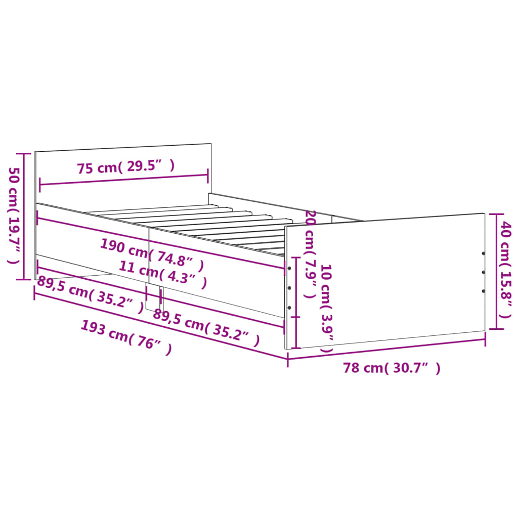 Sengeramme hvit 75x190 cm konstruert tre