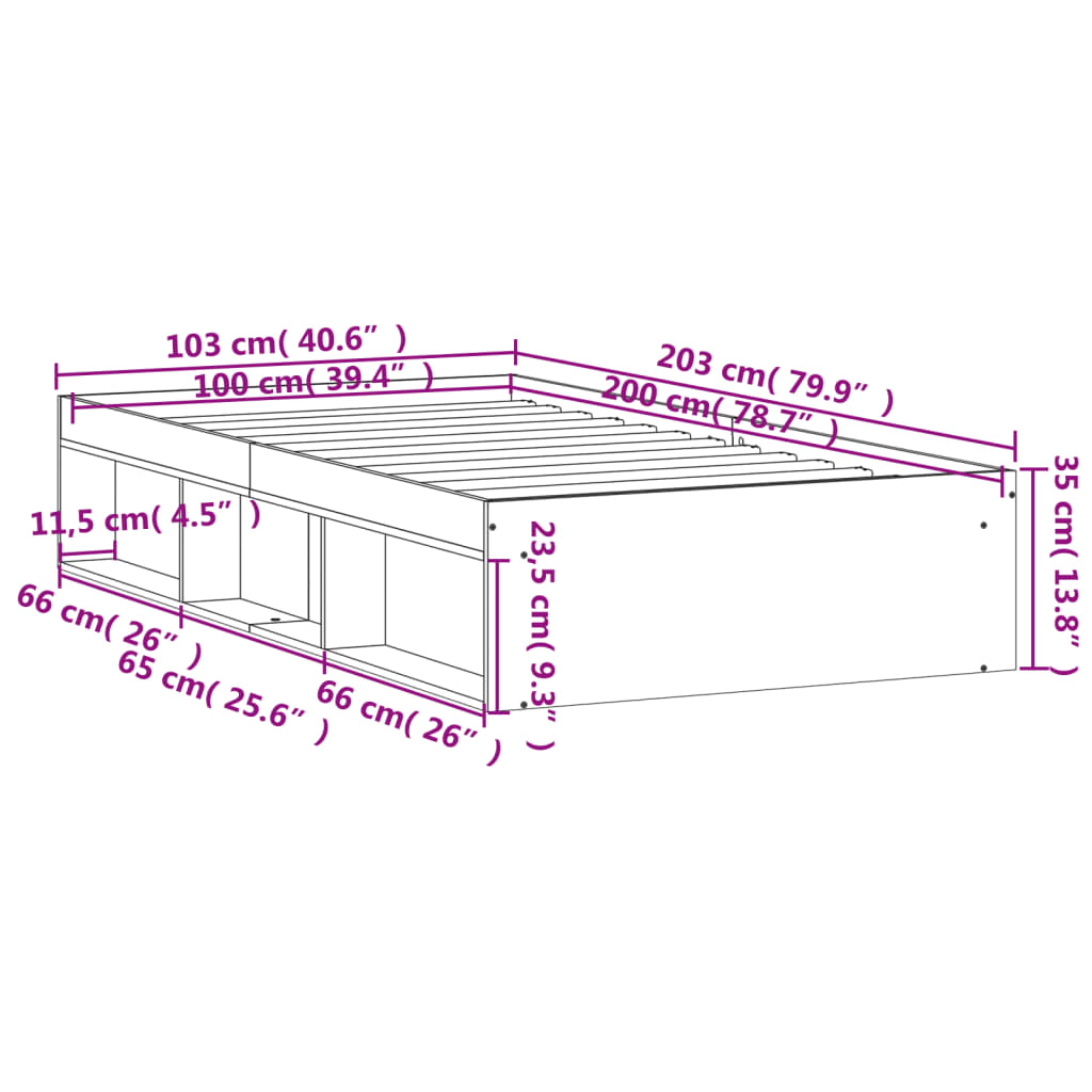 Sengeramme betonggrå 100x200 cm