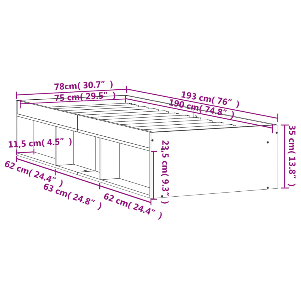 Sengeramme hvit 75x190 cm