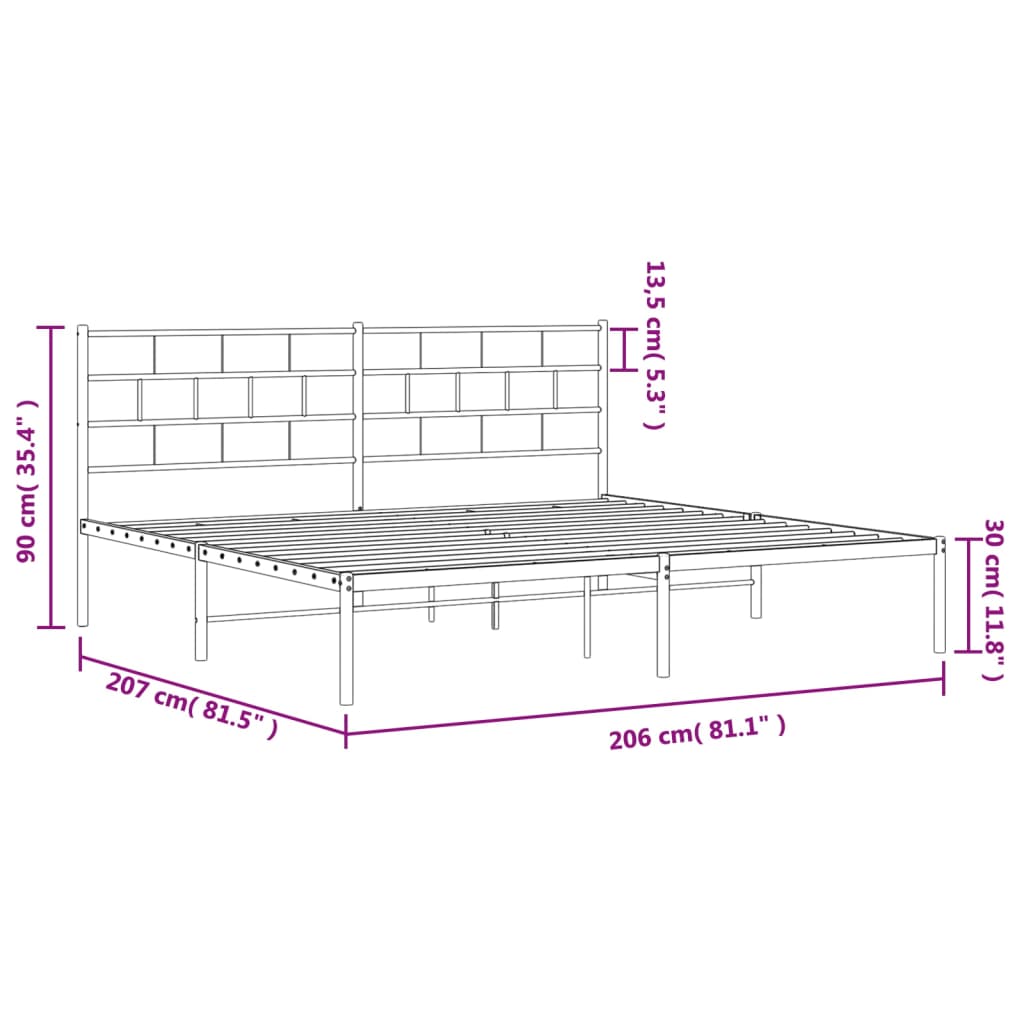 Sengeramme i metall med sengegavl svart 200x200 cm