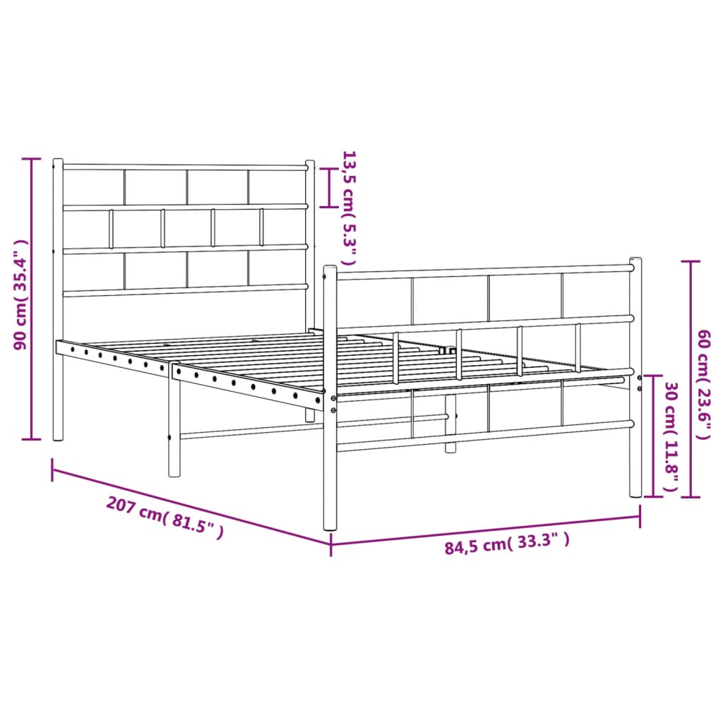 Sengeramme i metall med hode- og fotgavl svart 80x200 cm